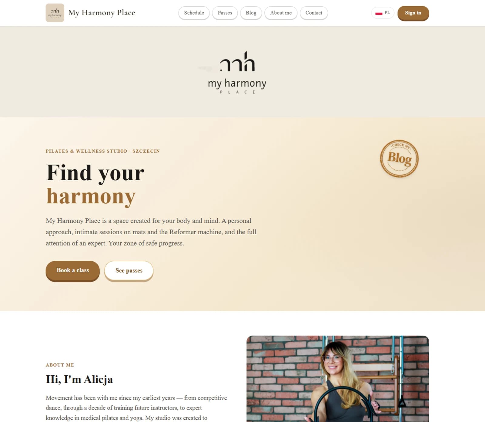 My Harmony Place website and class schedule 1