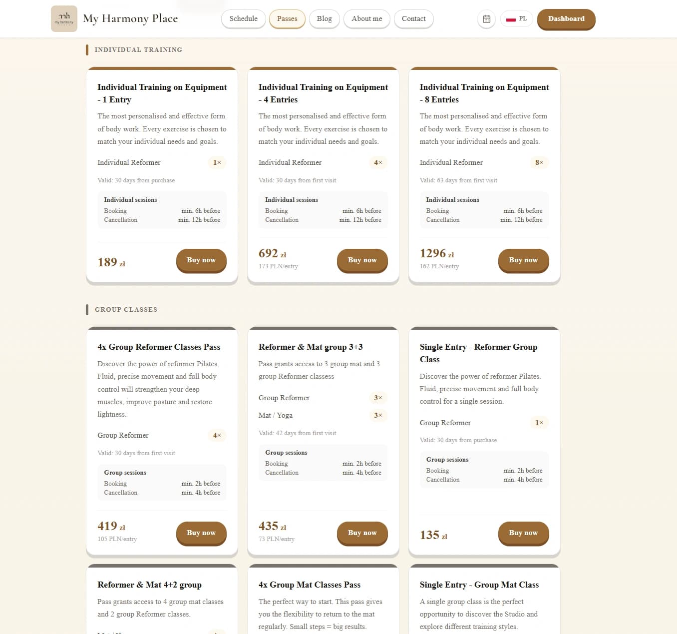 My Harmony Place website and class schedule 2