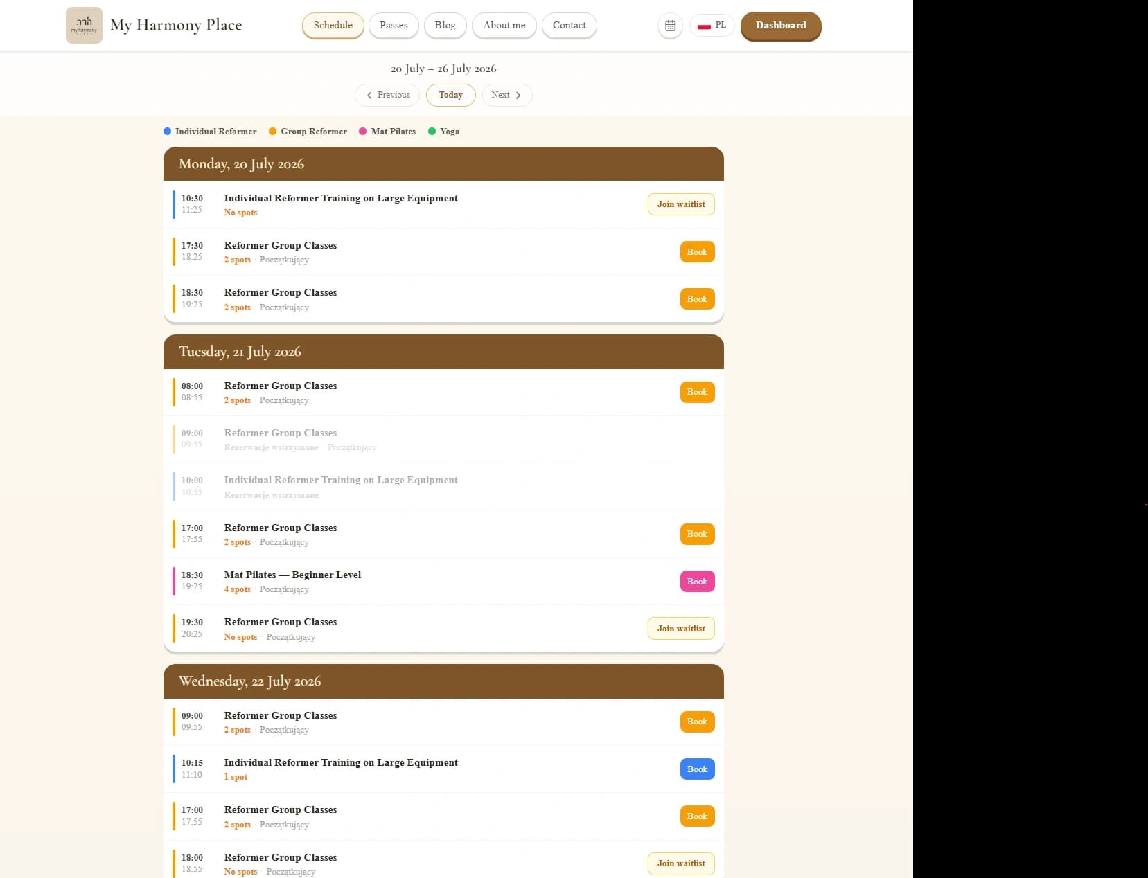 My Harmony Place website and class schedule 3